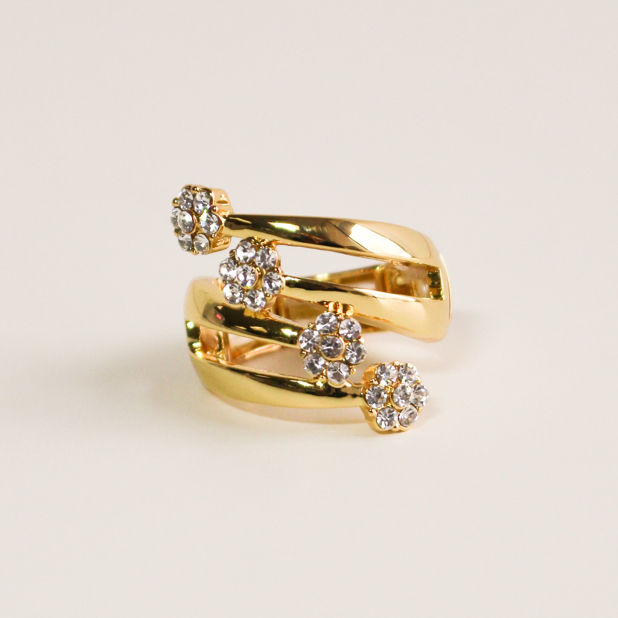 Double Band with CZ Flowers stretch Ring | Gold